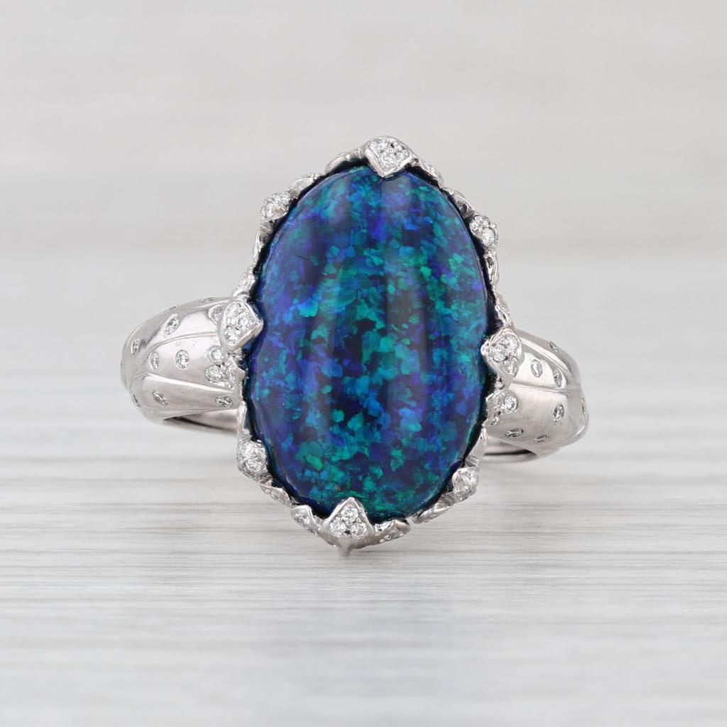 Kat Florence Black Opal Flawless Diamond Ring 18k Gold AJI Blue Green Cabchon