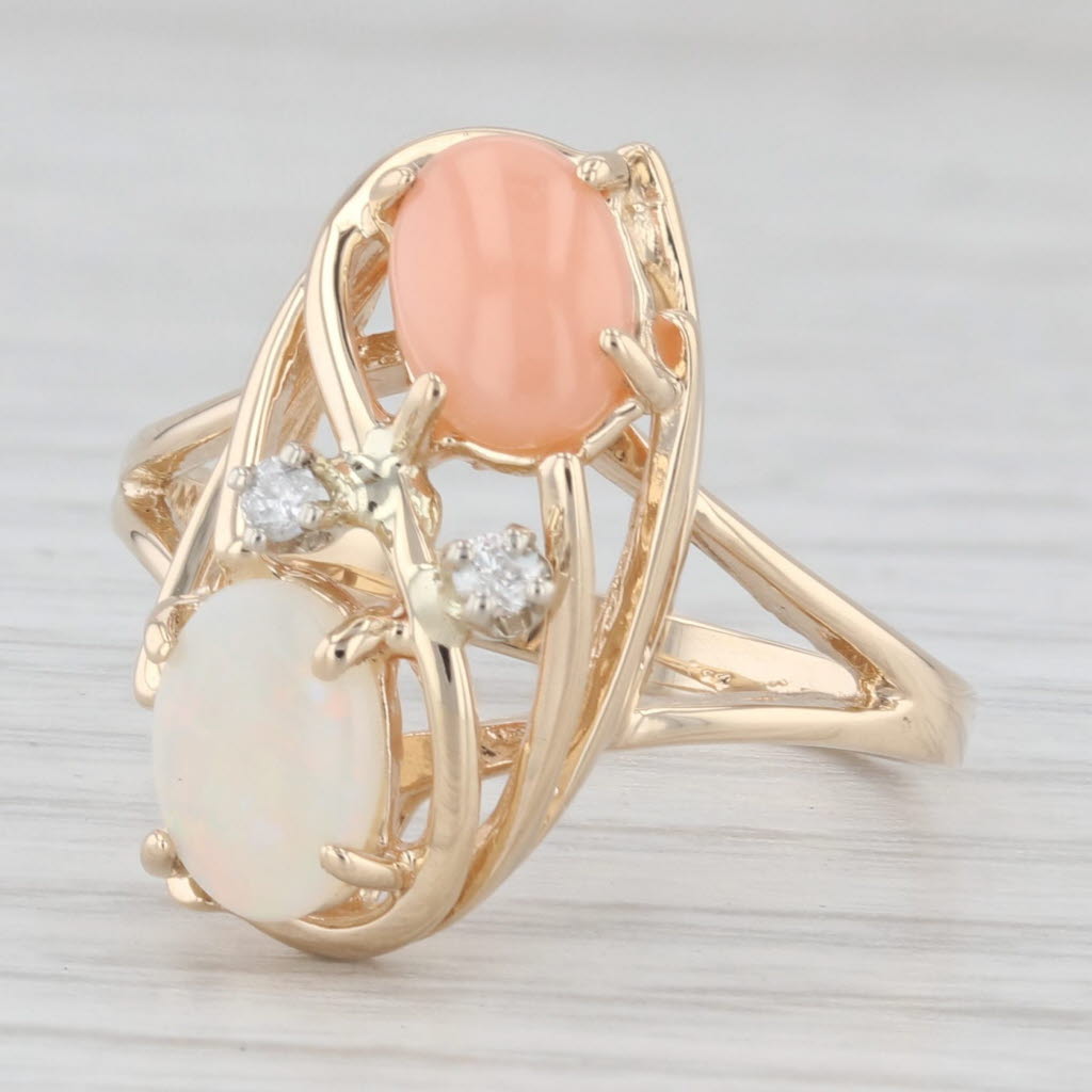 Light Gray Opal Coral Diamond Ring 14k Yellow Gold Size 6.5