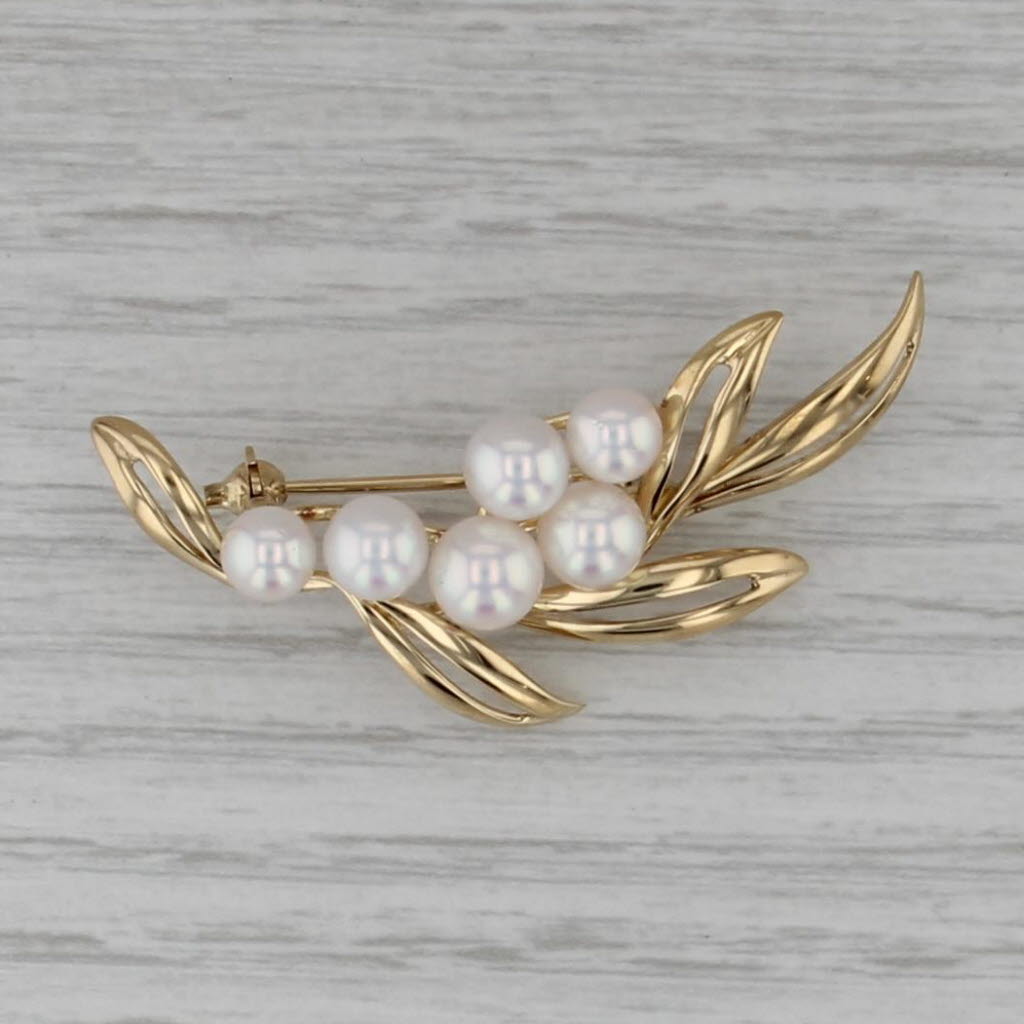 Mikimoto Cultured Pearl Flower Brooch 18k Yellow Gold Pin