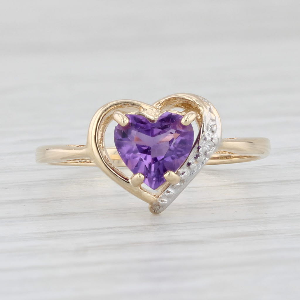 Light Gray 0.65ct Amethyst Heart Ring 10k Yellow Gold Diamond Accents Size 6.25