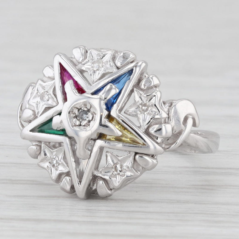 Vintage Order Eastern Star Masonic Signet Ring Diamond 14k White Gold Size 5 OES