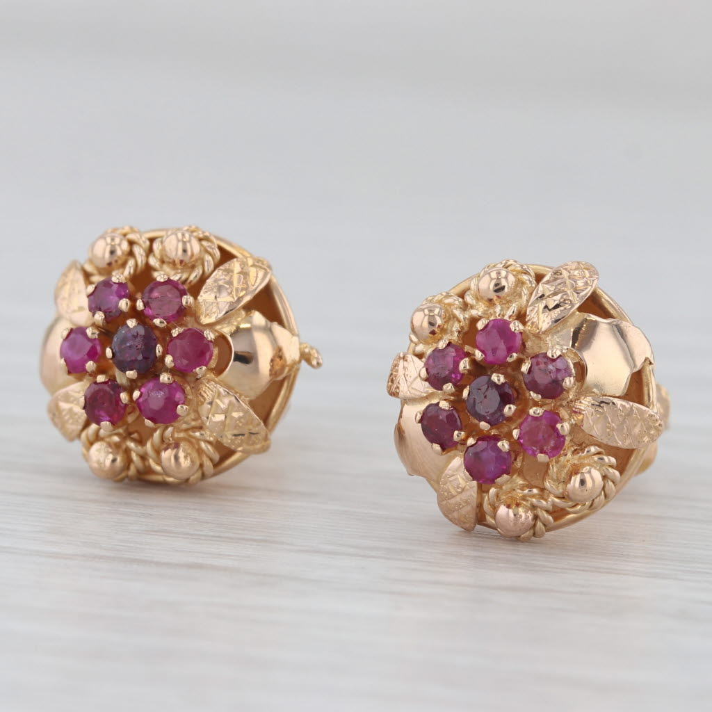 Light Gray Vintage 1.75ctw Ruby Cluster Flower Stud Earrings 18k Rose Gold