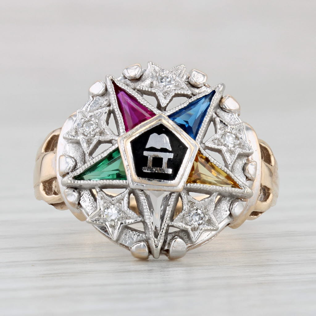 Light Gray Order Eastern Star Signet Ring 10k 14k Gold Diamond Lab Created Gems Masonic