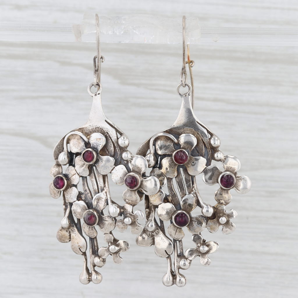 Ruby Flower Dangle Earrings Sterling Silver Hook Posts Statement Drops