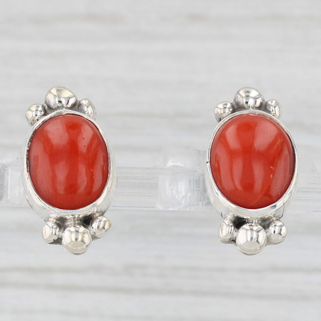 Light Gray Southwestern Coral Stud Earrings Sterling Silver Oval Cabochon Solitaires