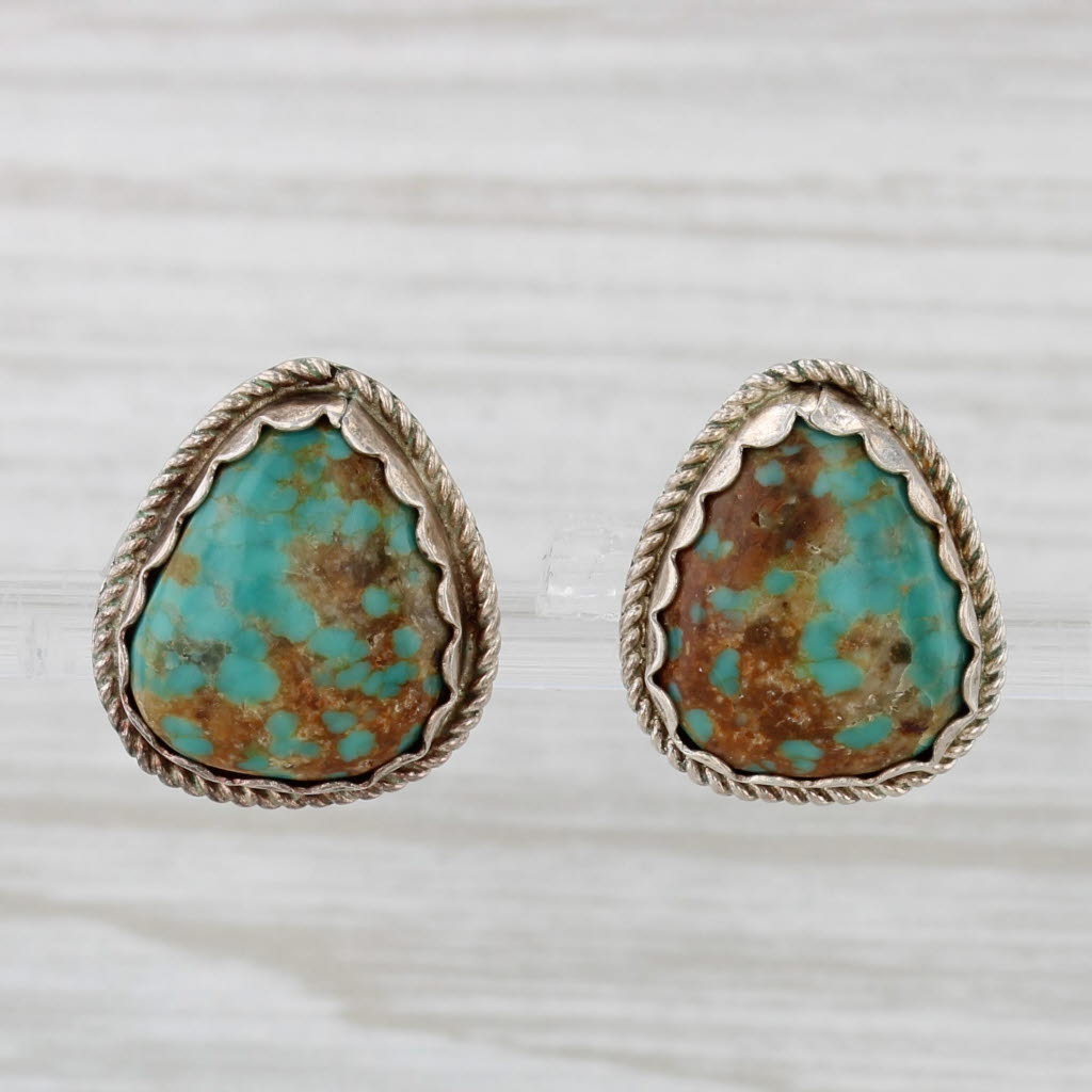 Light Gray Vintage Native Turquoise Stud Earrings Sterling Silver Pear Cabochon