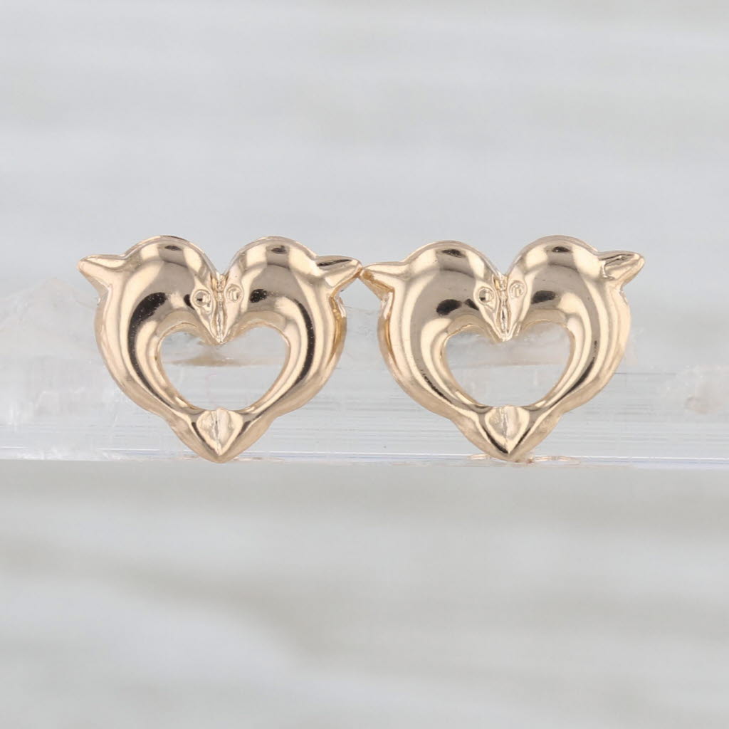Dolphin Heart Stud Earrings 14k Yellow Gold Small Studs