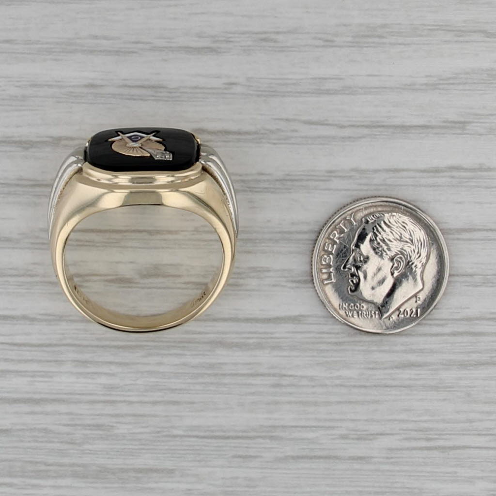 Masonic Signet Onyx Diamond Ring 10k Gold Size 9.75 Blue Lodge Square Compass