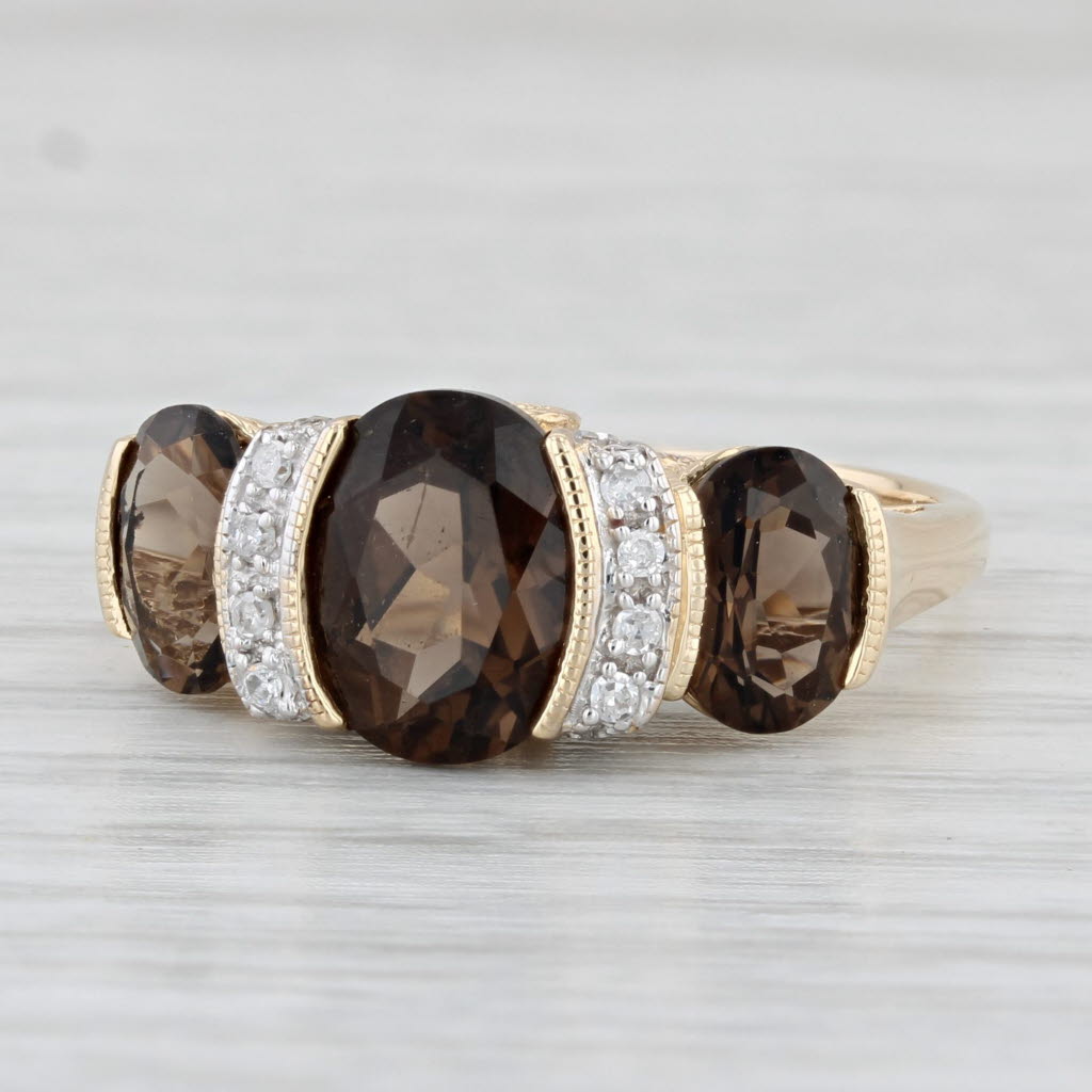 Light Gray 3.48ctw Smoky Quartz Diamond Ring 14k Yellow Gold Size 7.25 Oval 3-Stone