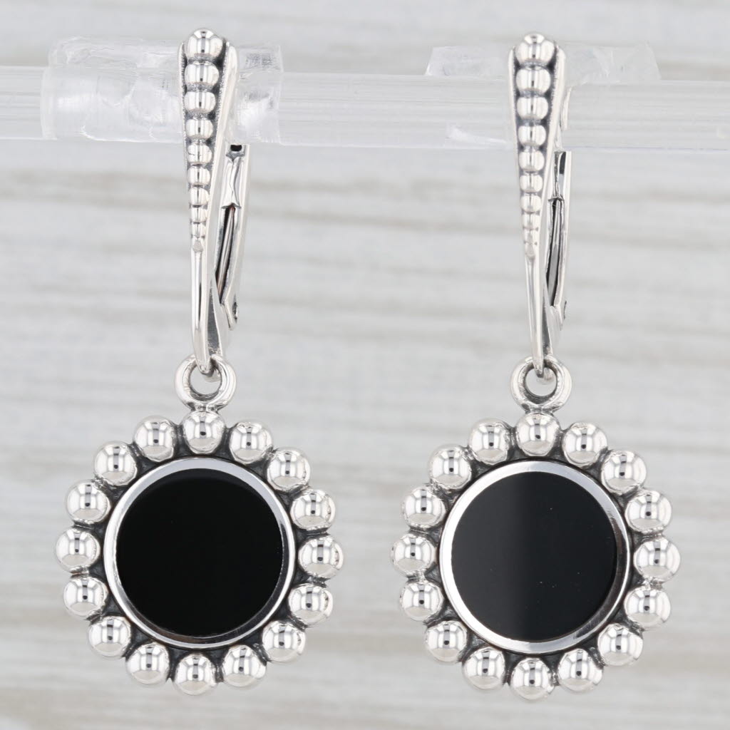 Light Gray New Lagos Maya Small Onyx Circle Drop Earrings Sterling Silver Pouch Tags Cloth