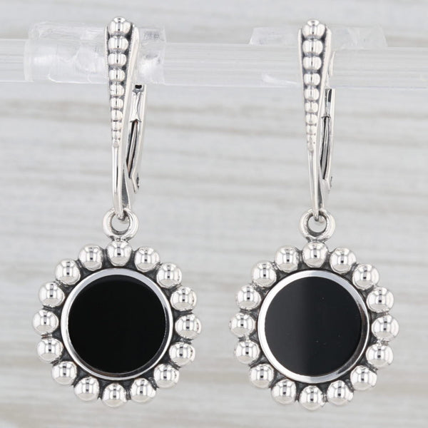 New Lagos Maya Small Onyx Circle Drop Earrings Sterling Silver Pouch Tags Cloth