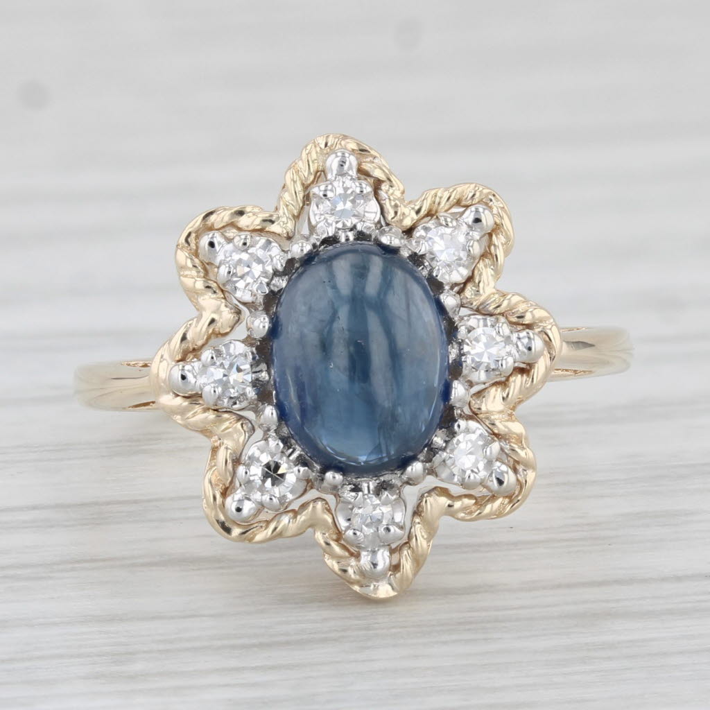 Light Gray 1.89ctw Blue Sapphire Oval Cabochon Diamond Flower Ring 14k Gold Size 7.25