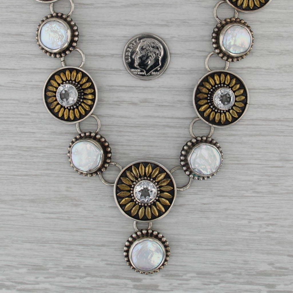 The Dreamer White Topaz Cultured Button Pearl Circle Link Necklace Silver Brass