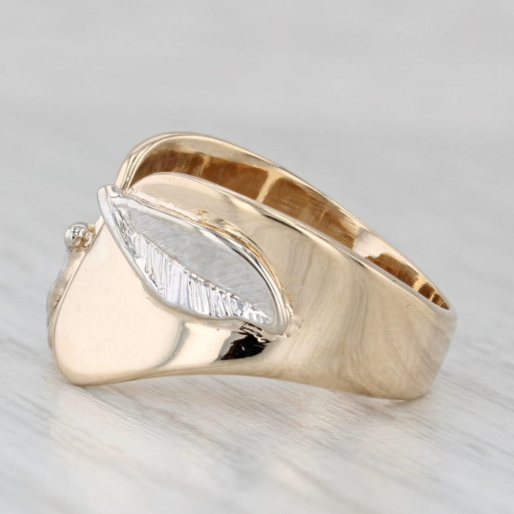 Light Gray White Yellow Gold Leaf Ring 14k Adjustsable Band Size 5 +