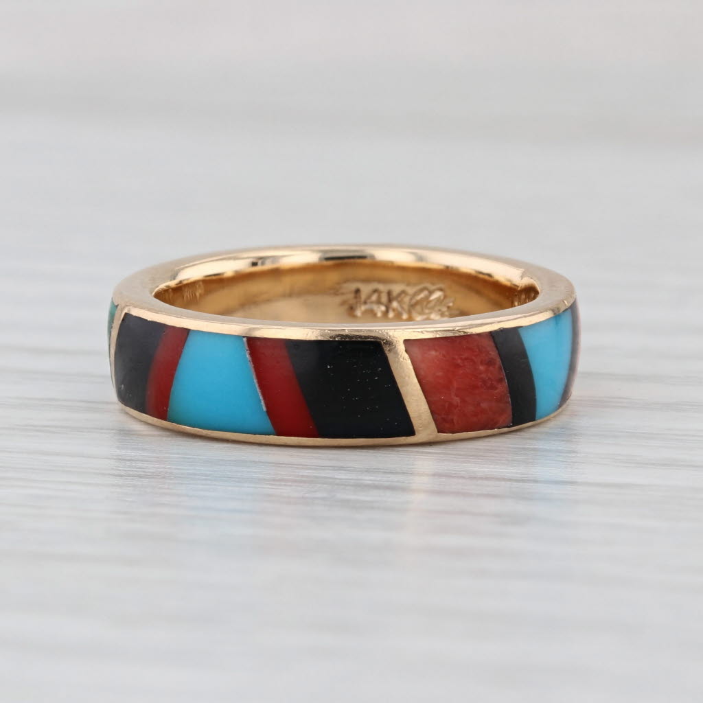 Vintage Native American Stone Mosaic Ring 14k Yellow Gold Size 8 Stackable Band