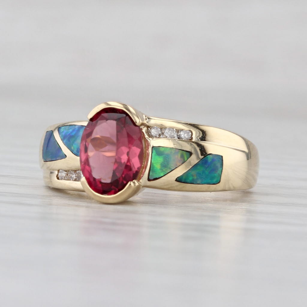 1.36ctw Tourmaline Rubellite Diamond Opal Ring 14k Yellow Gold Size 6.25