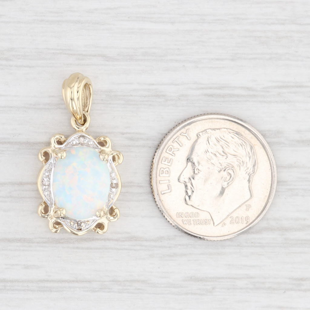 Antique White Lab Created Opal Diamond Drop Pendant 10k Yellow Gold Oval Cabochon