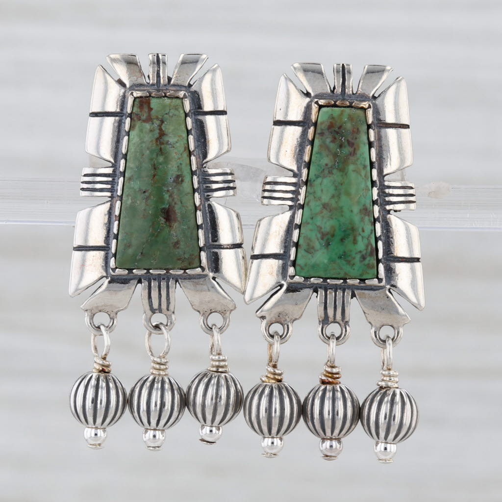 Green Stone Clip On Earrings Sterling Silver Bead Fringe Carolyn Pollack