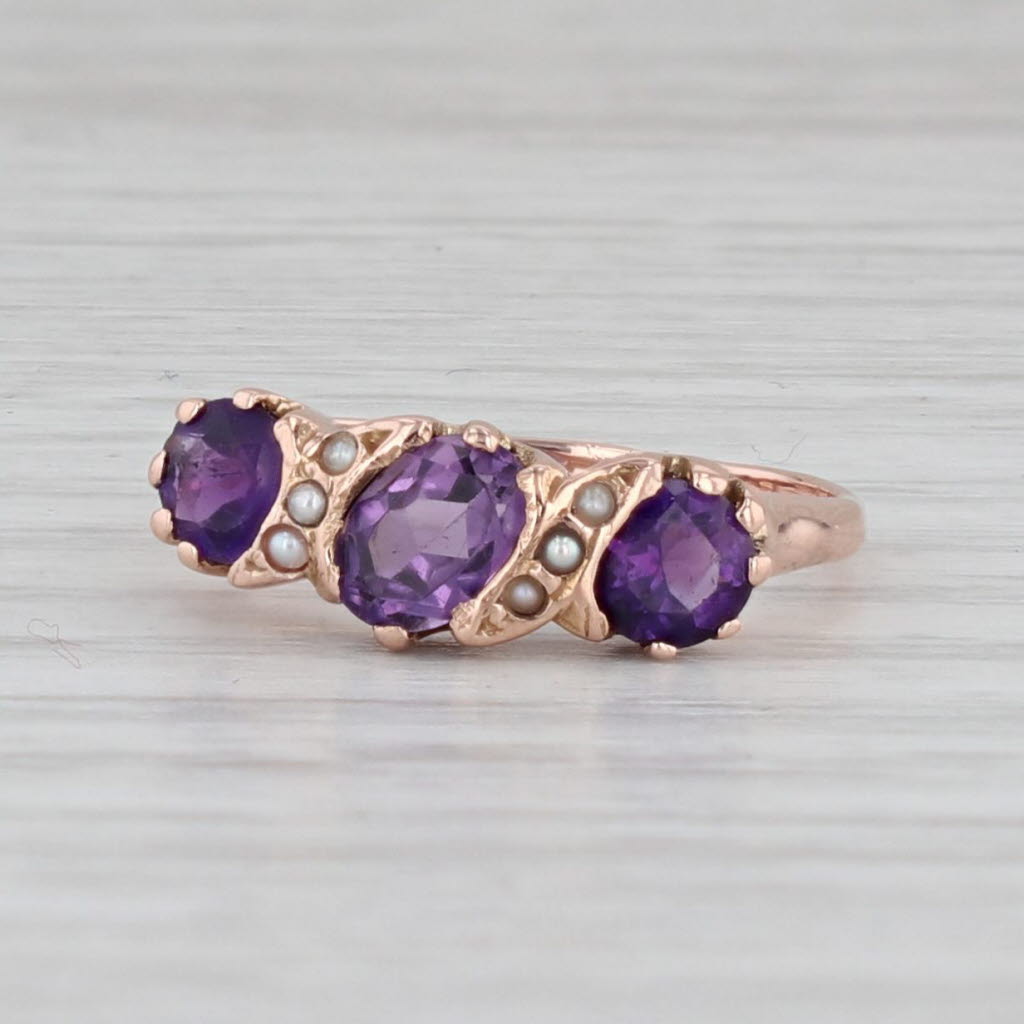 Gray Victorian 3-Stone Amethyst Seed Pearl Ring 14k Rose Gold Size 6.5