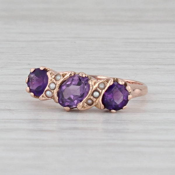 Victorian 3-Stone Amethyst Seed Pearl Ring 14k Rose Gold Size 6.5