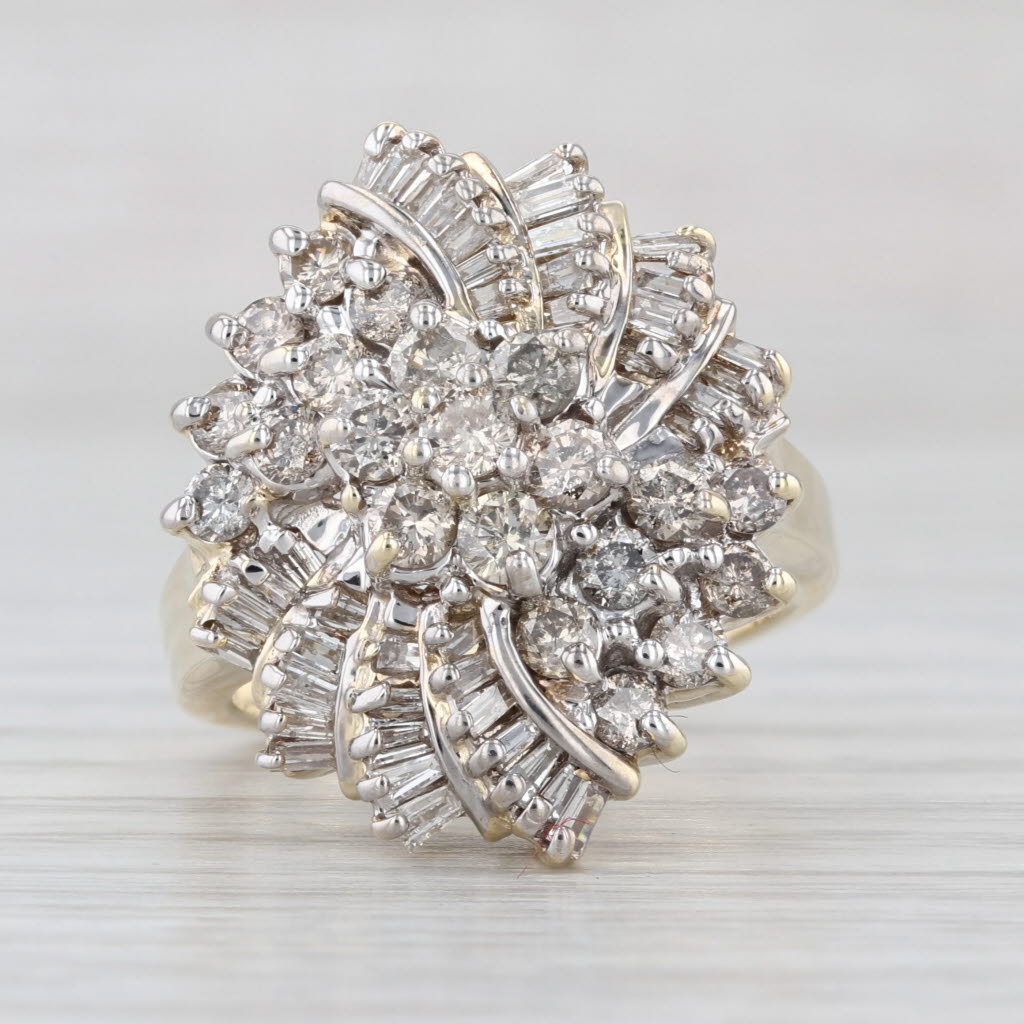 2ctw Diamond Cluster Cocktail Ring 10k Yellow Gold Size 7.25 Flower Swirl