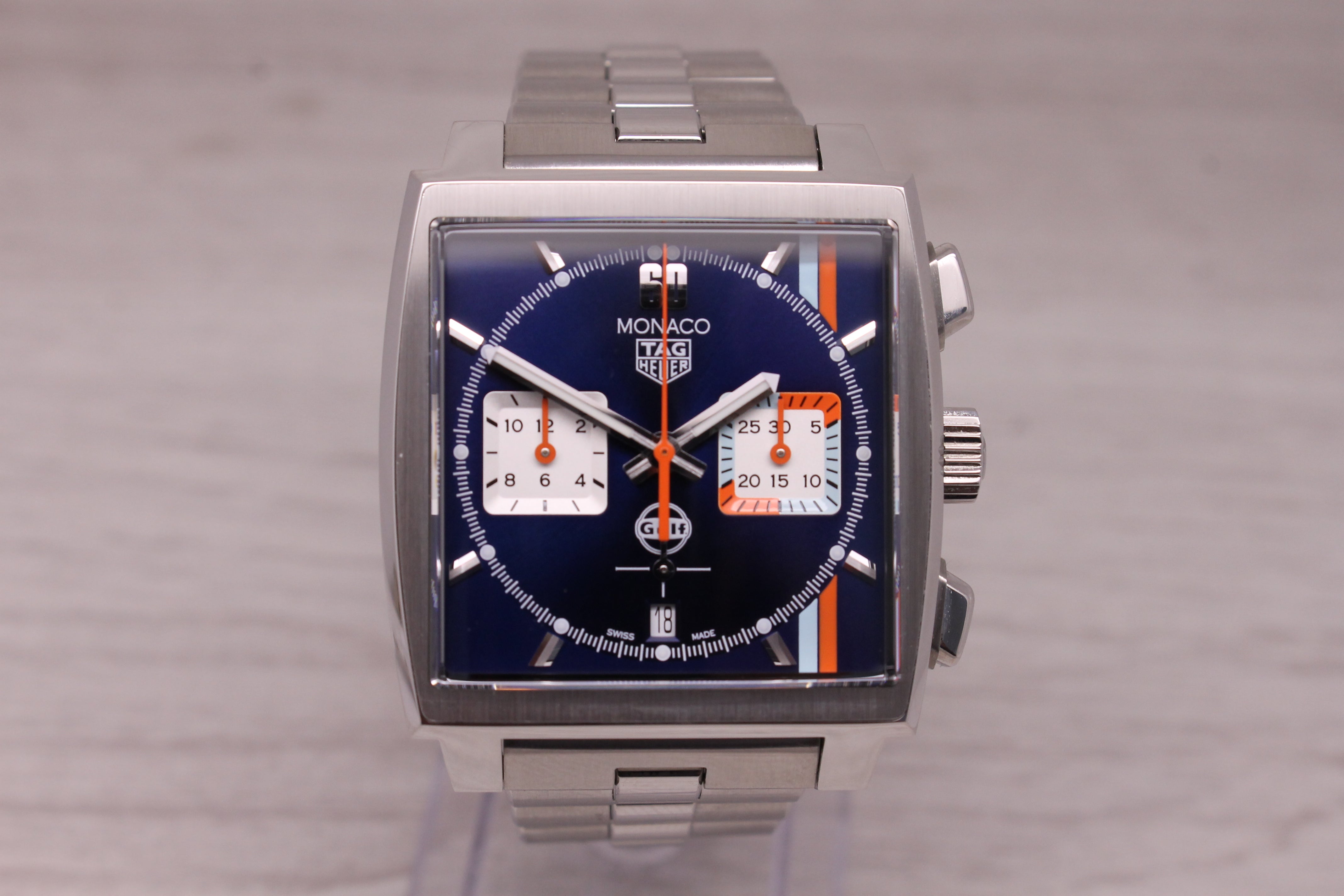 Dark Gray Tag Heuer Gulf Monaco Mens Steel Automatic Chronograph Watch w/ Box CBL2115