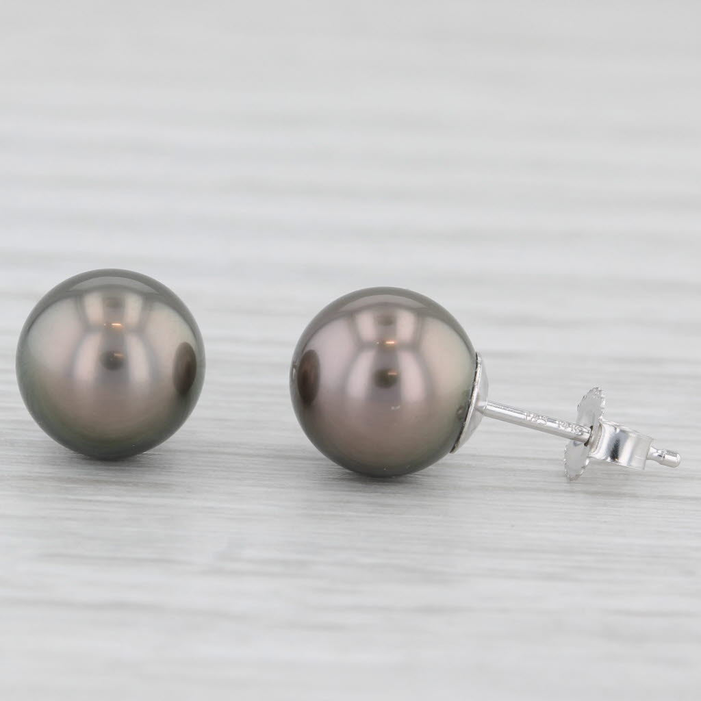 Light Gray Black Cultured Pearl Solitaire Stud Earrings 14k White Gold Round Bead Studs