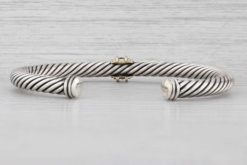 Light Gray David Yurman 0.16ctw Ruby 5mm Cable Cuff Bracelet Sterling Silver 14k Gold 6.5"