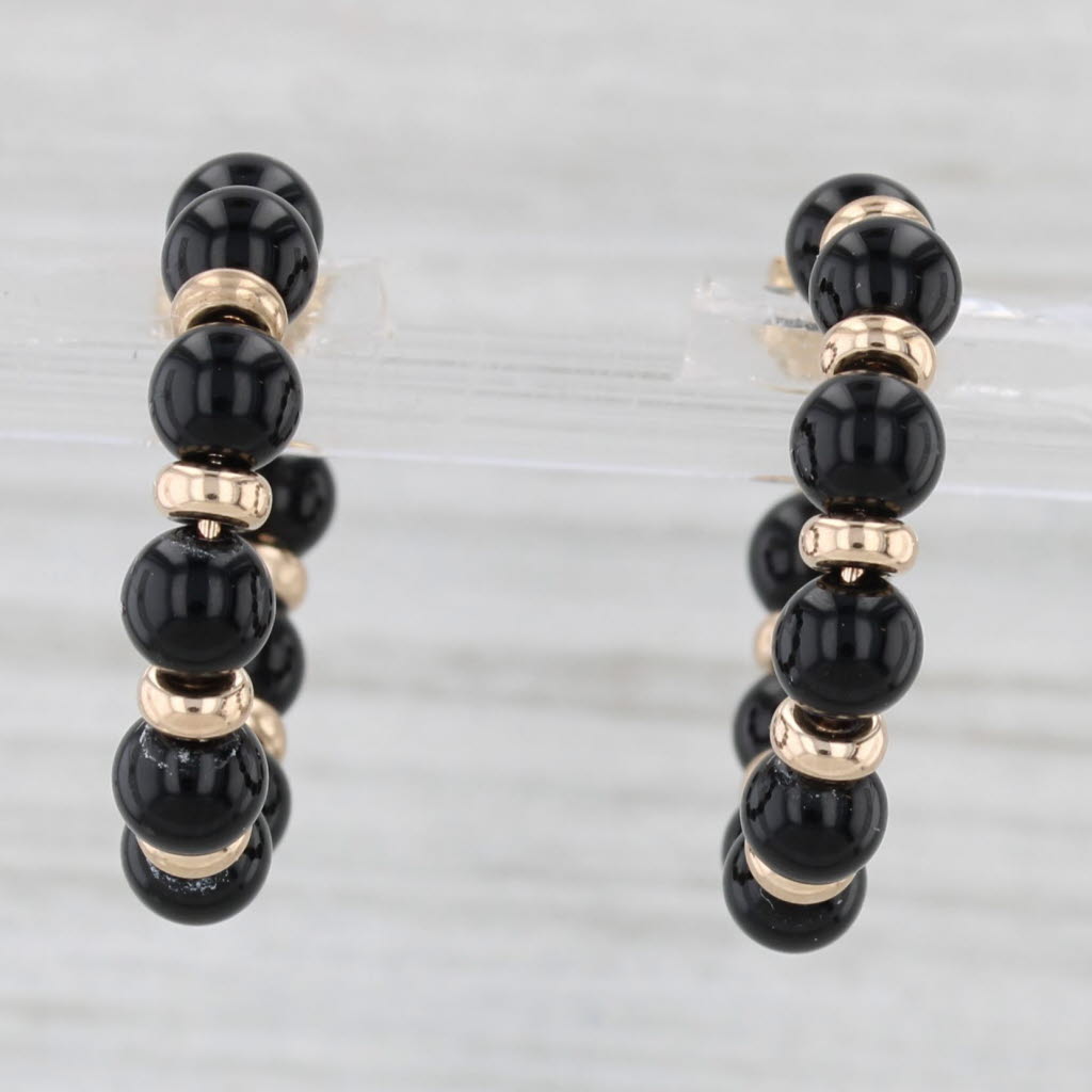 Light Gray Onyx Bead Hoop Earrings 14k Yellow Gold Round Hoops