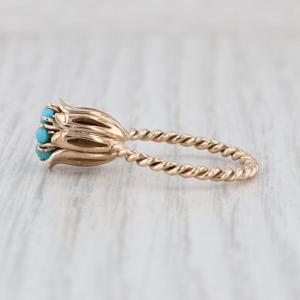 Antique Turquoise Diamond Flower Ring 14k Yellow Gold Size 6.5