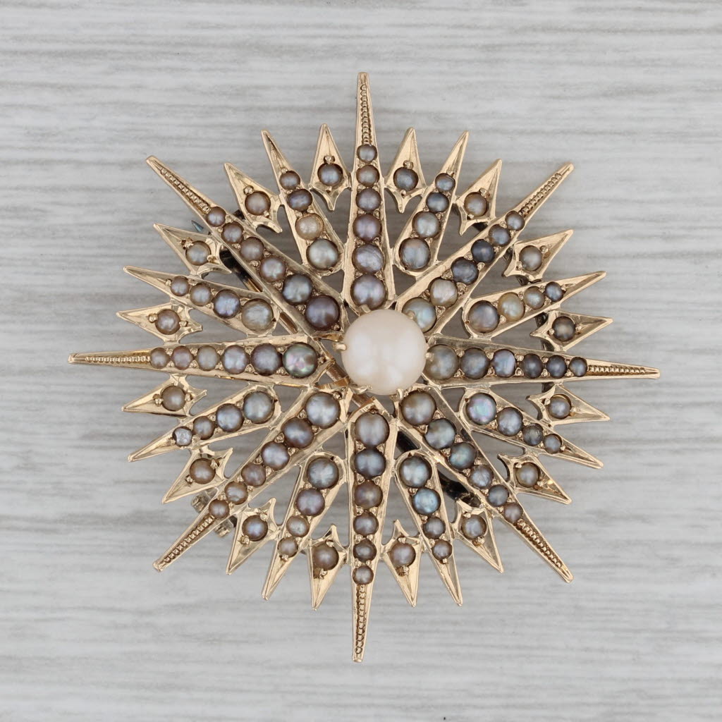 Gray Imitation Pearl Sun Brooch 14k Yellow Gold Vintage Pin