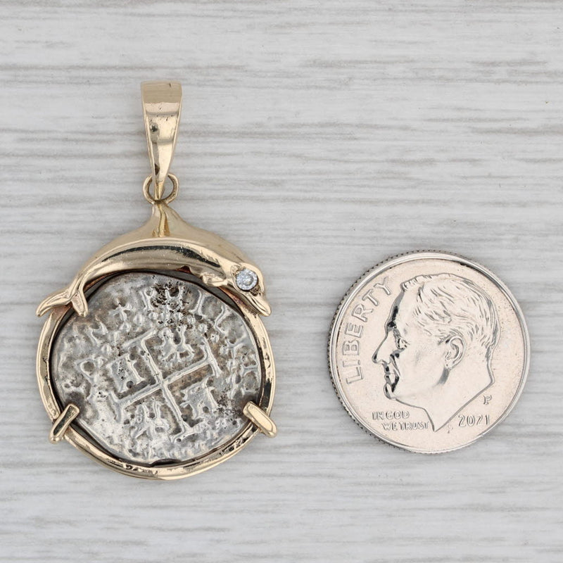 Gray Ancient Coin Copy Dolphin Bezel Pendant Cubic Zirconia 10k Gold Sterling Silver