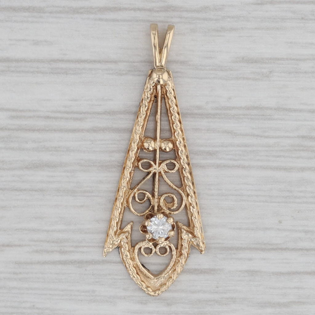 Gray Vintage Diamond Solitaire Filigree Pendant 14k Yellow Gold Teardrop