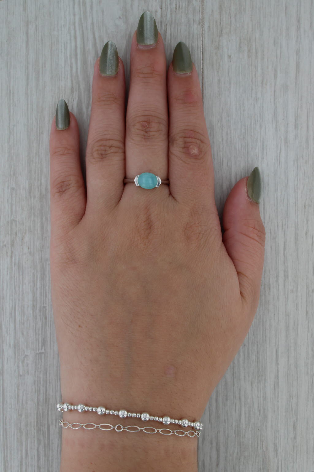 Teal Common Opal Cabochon Solitaire Ring 14k White Gold Size 8.75