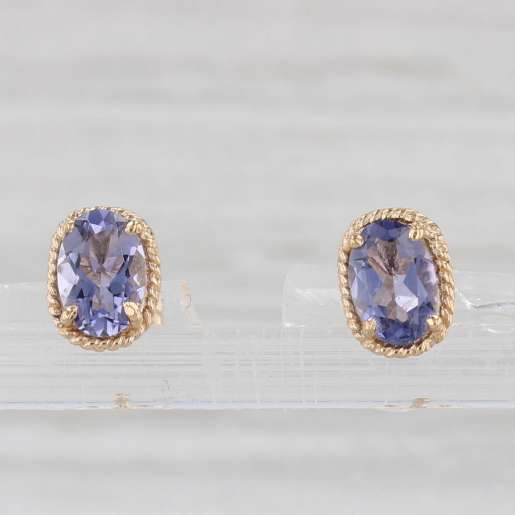 Light Gray 0.76ctw Purple Blue Iolite Stud Earrings 14k Yellow Gold Oval Solitaires