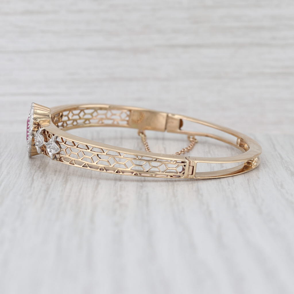 GIA Pink Lab Grown Sapphire Diamond Halo Bangle Bracelet 14k Yellow Gold 6.75"