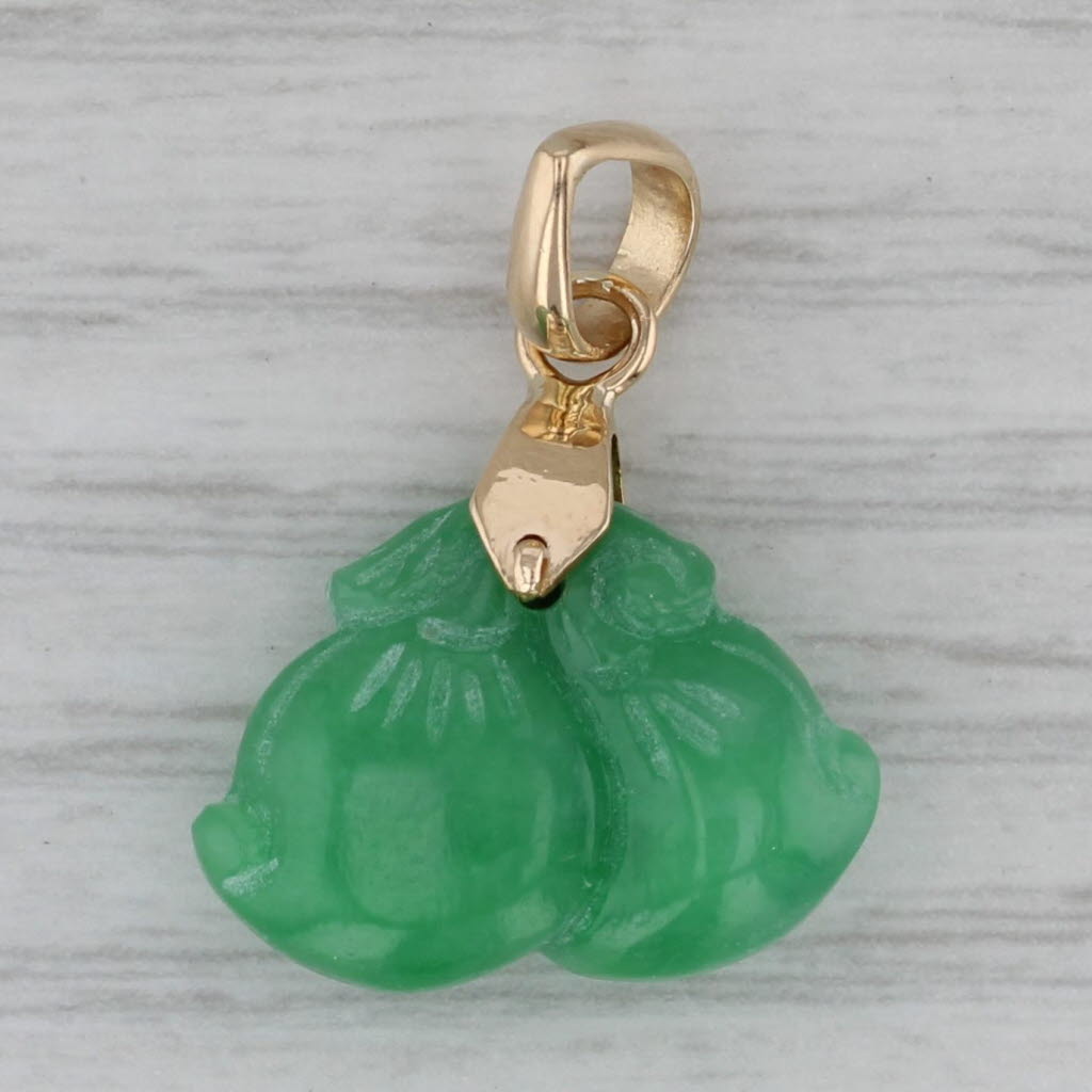 Gray Carved Green Jadeite Jade Pendant 14k Yellow Gold