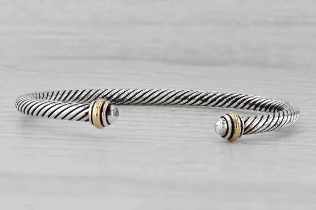 Gray David Yurman Cable Cuff Bracelet with Box Sterling Silver 18k Gold 7"