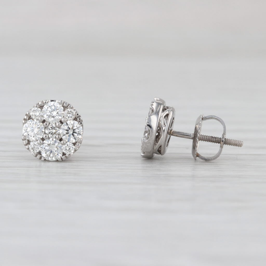 1ctw VS2 G-H Diamond Cluster Stud Earrings 14k White Gold Screw Back Studs