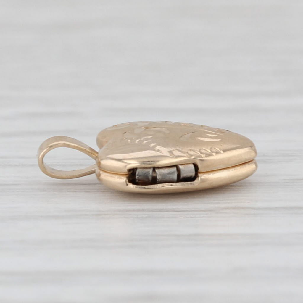 Tiny Floral Engraved Heart Photo Locket Pendant 14k Yellow Gold Charm