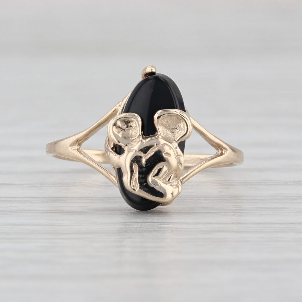 Mickey Mouse Oval Black Onyx Cabochon Signet Ring 10k Yellow Gold Size 6.25