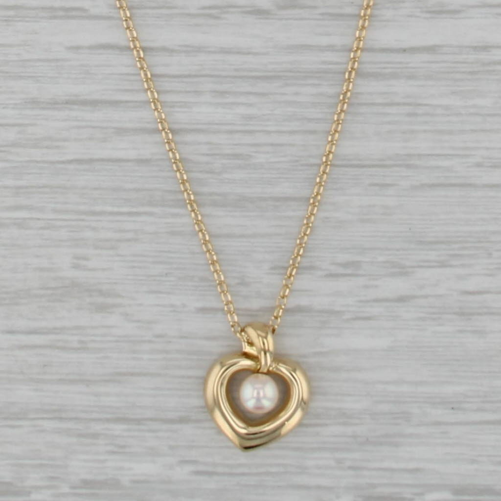Mikimoto Cultured Pearl Heart Pendant Necklace 18k Yellow Gold 18" Cable Chain