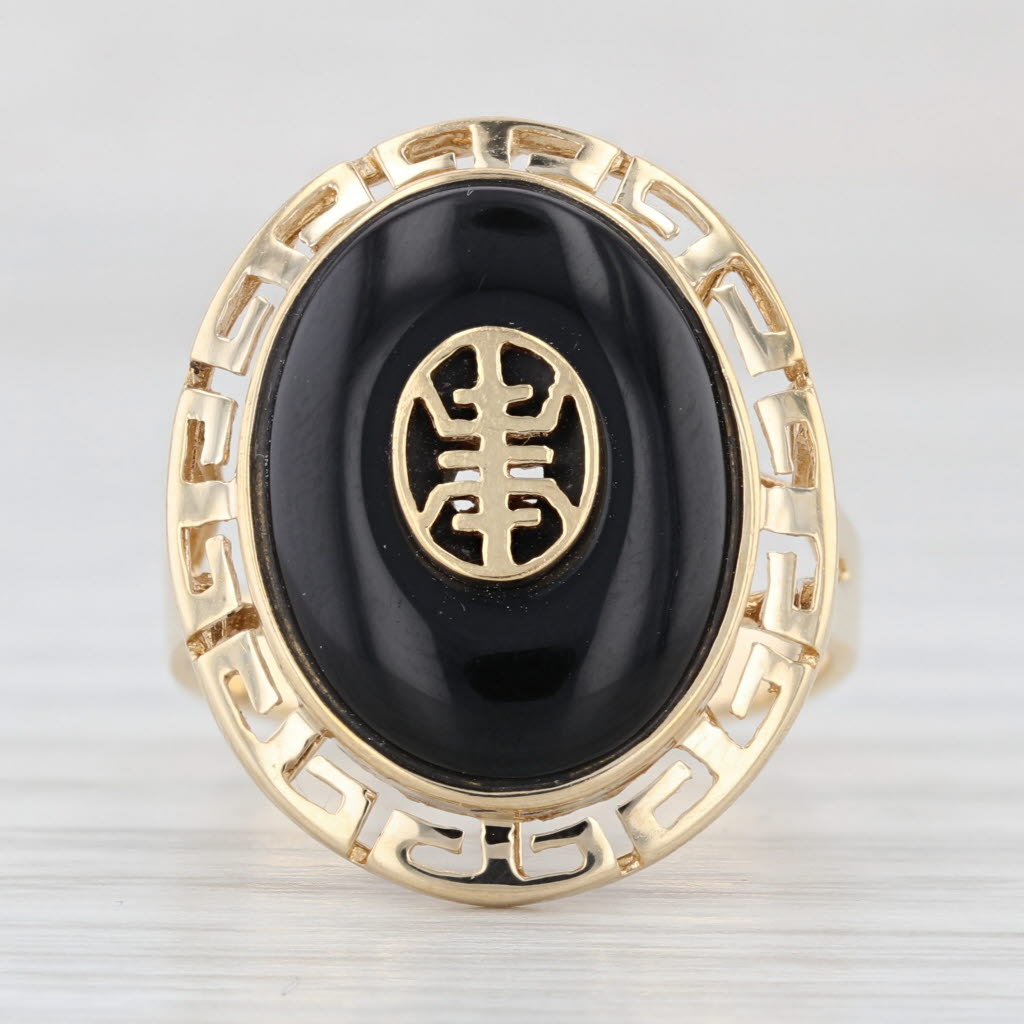 Longevity Shou Chinese Character Onyx Cabochon Ring 14k Yellow Gold Size 6.25