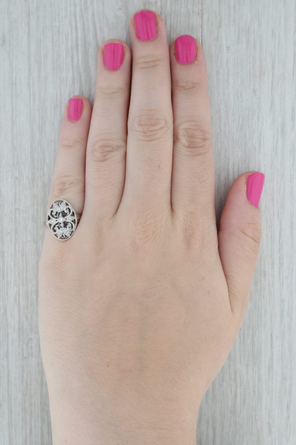 Gray Diamond Flower Ring 14k White Gold Ornate Openwork Size 7.25