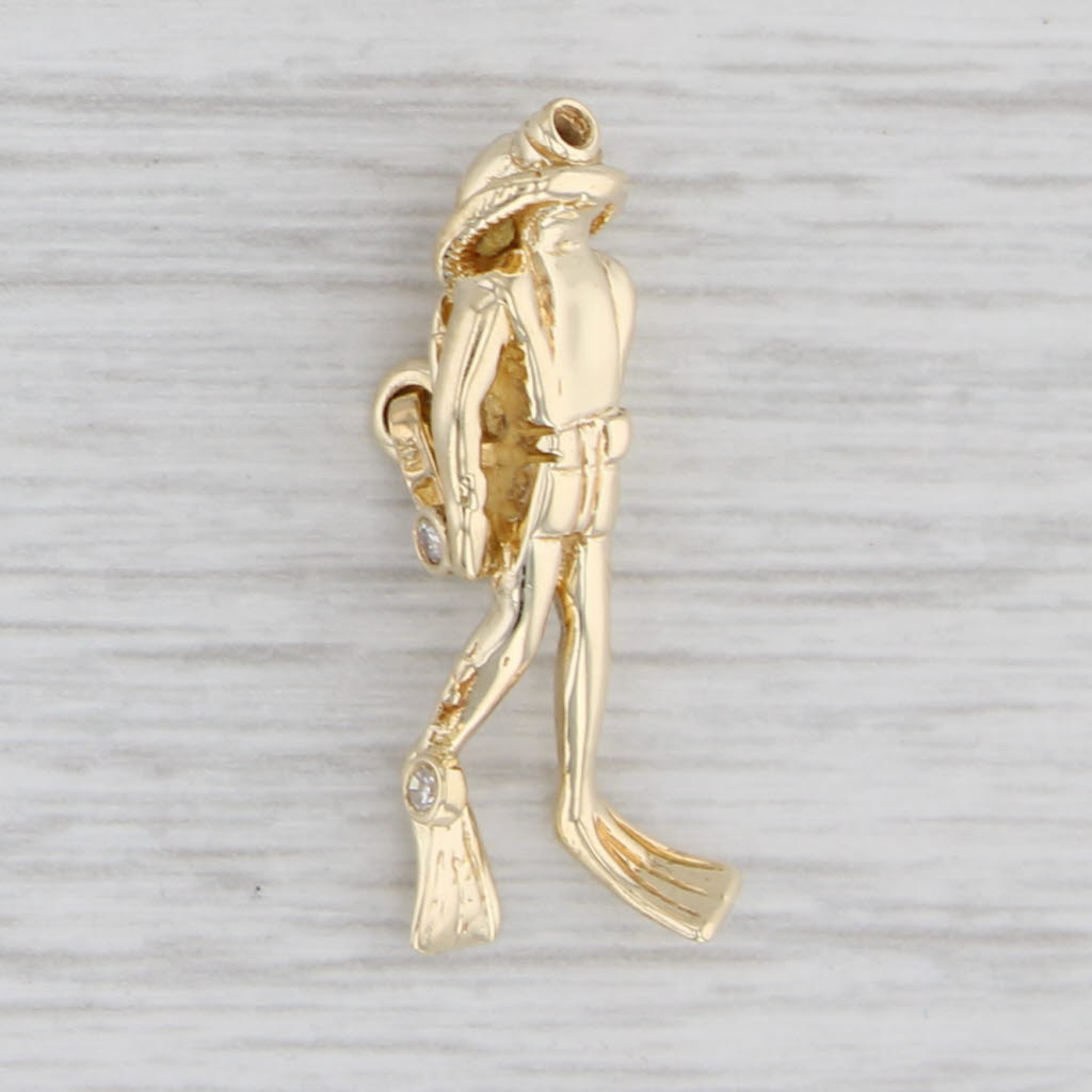 Light Gray Scuba Diver Charm 14k Yellow Gold Diamond Figural Nautical Jewelry Pendant