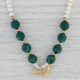 Green Chalcedony Cultured Pearl Strand Heart Necklace 18k Yellow Gold 17.25"