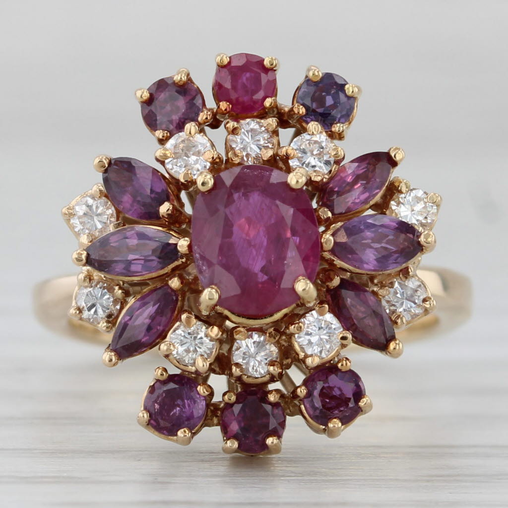 Gray 2.16ctw Ruby Diamond Cluster Cocktail Ring 14k Yellow Gold Size 5.75