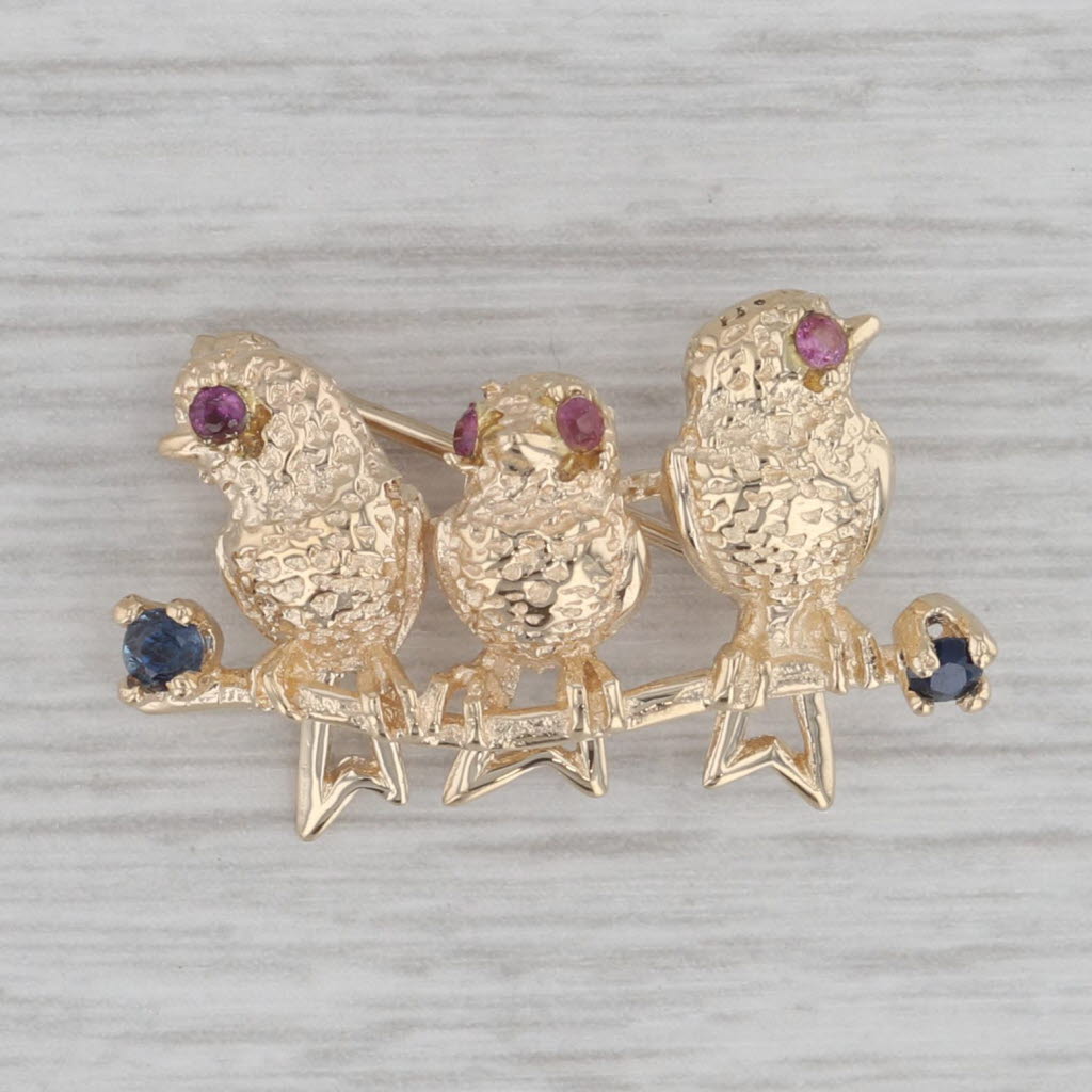 Gray Birds on a Branch Brooch 14k Gold 0.24ctw Ruby Sapphire Pin