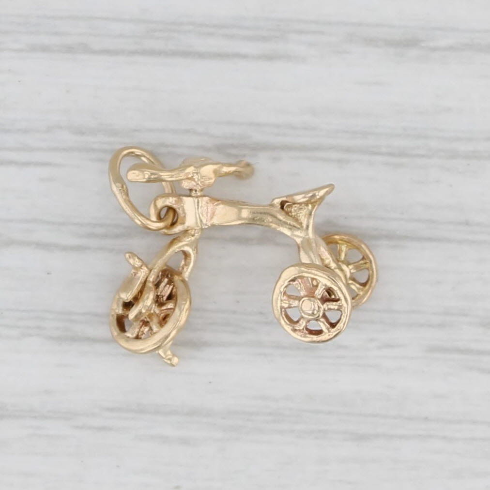 Light Gray Tricycle Charm 14k Yellow Gold Small Vintage Keepsake Pendant Wheels Move