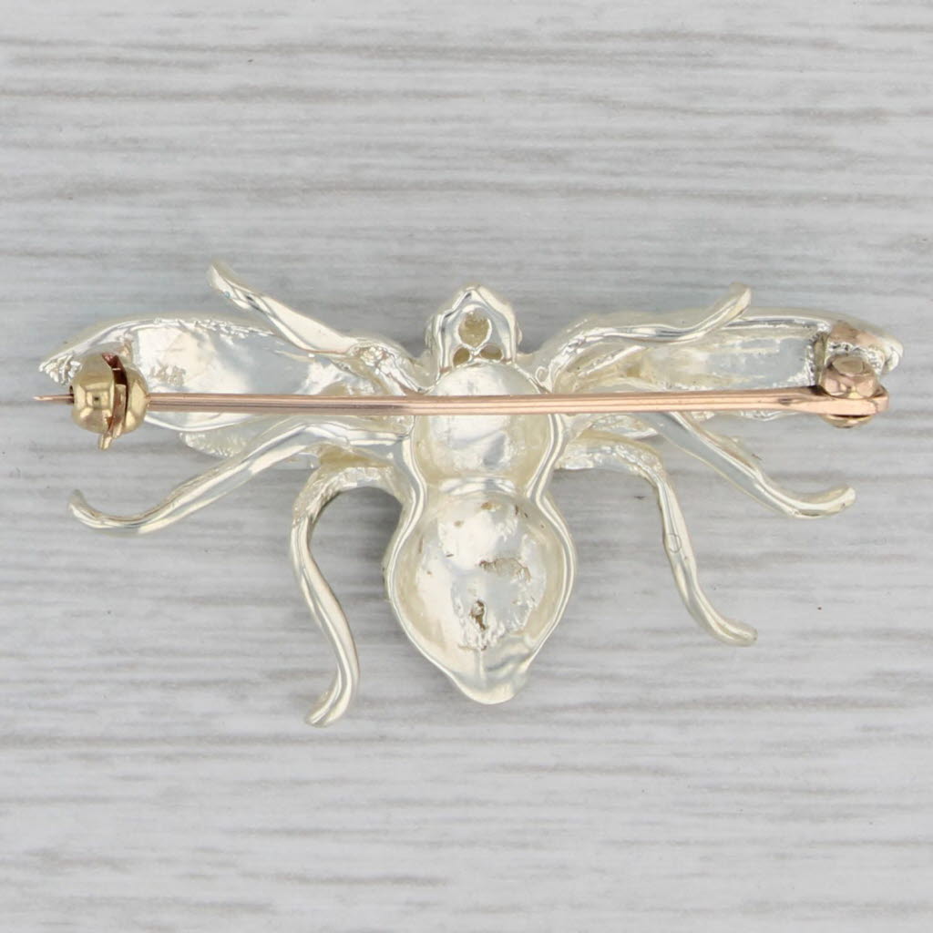 Gray Bee Brooch 14k White Gold Enamel Bug Insect Jewelry Statement Pin